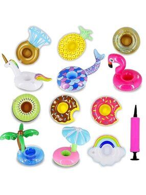Inflatable Drink Float Set 12 Pack Pool Cup Holders Summer Party With Air Pump